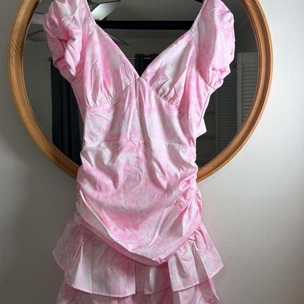 Pink Floral Ruffle Mini Dress with Puff Sleeves and Tie Back
